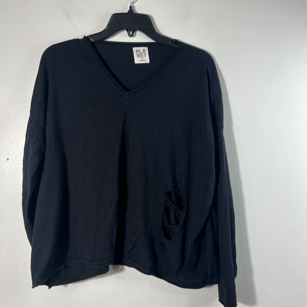 Planet by Lauren G Black V-Neck Deconstructed Cut Out Oversized Sweater OS